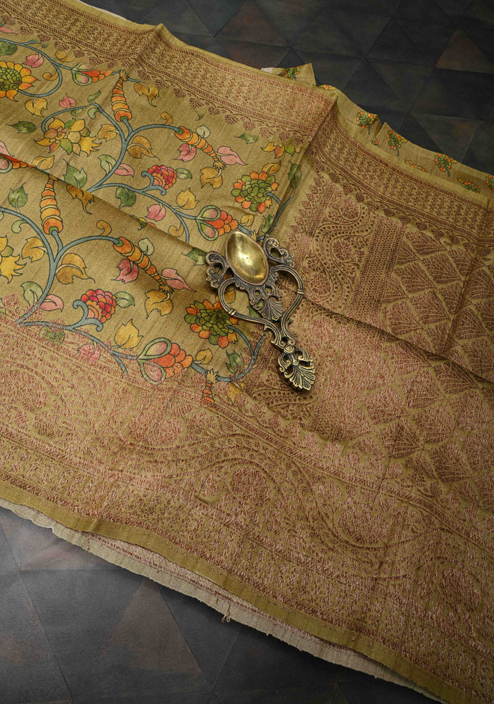 Khaki Banarasi Tussar Silk Saree with Kalamkari Digital Floral Print and Antique Zari Border | SILK MARK CERTIFIED