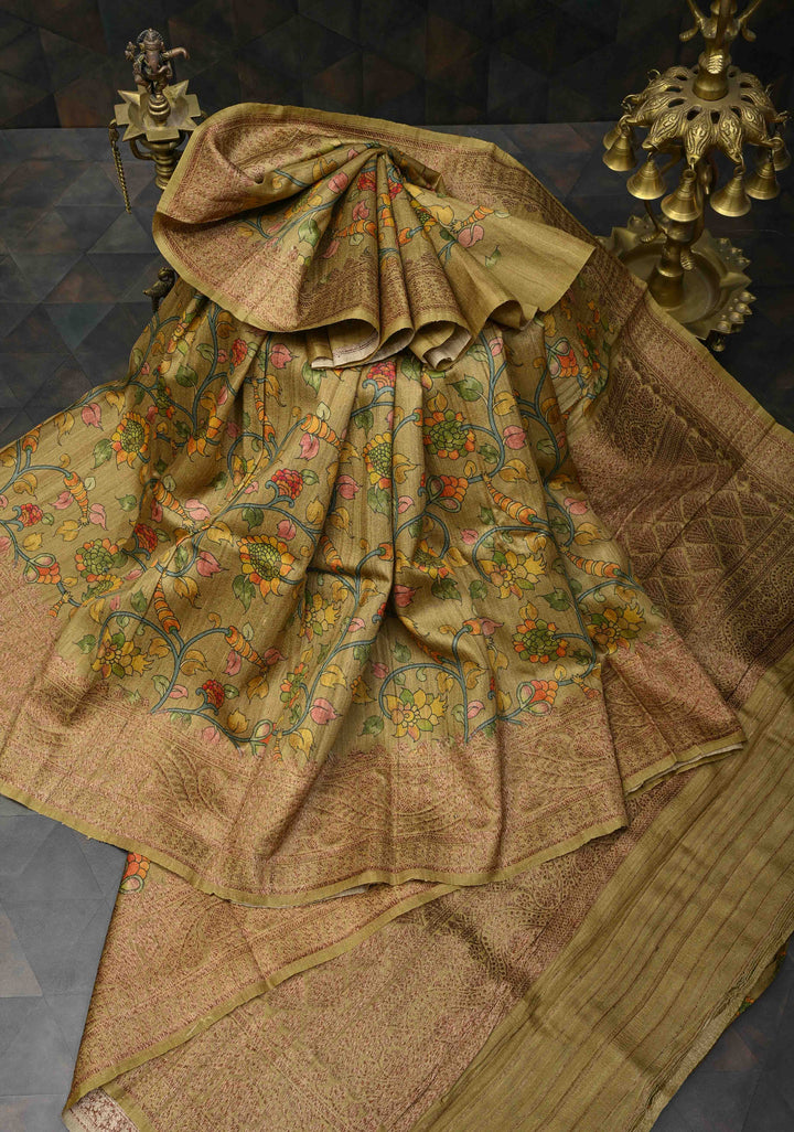 Khaki Banarasi Tussar Silk Saree with Kalamkari Digital Floral Print and Antique Zari Border | SILK MARK CERTIFIED