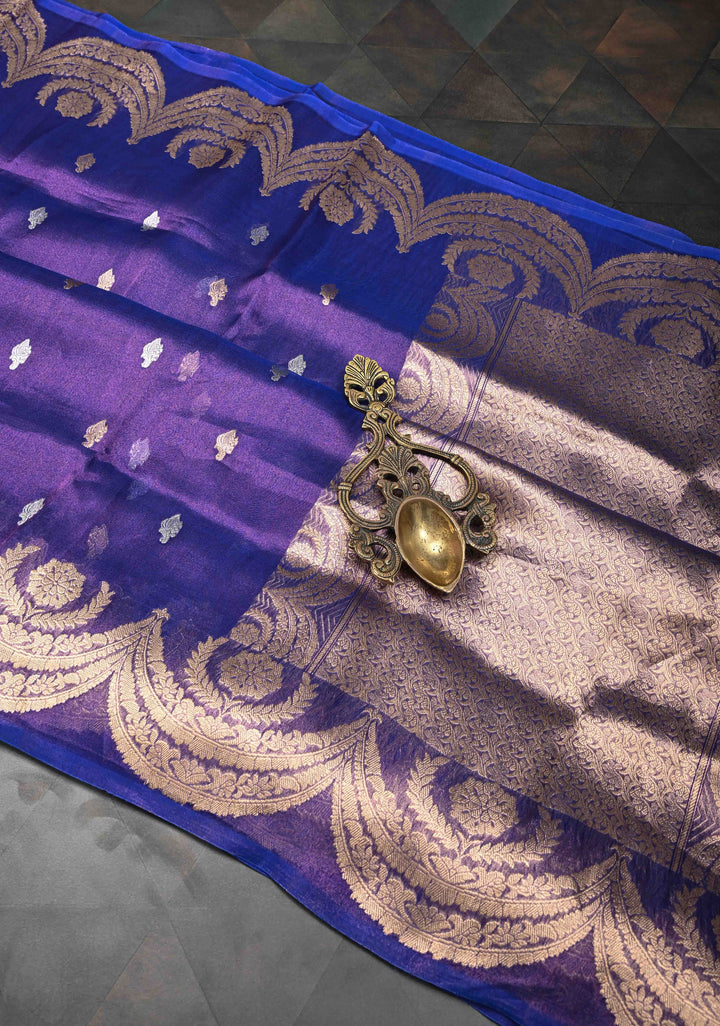 Purple Dual Tone Banarasi Organza Tissue Silk Saree with Sona Rupa Buttas and Scalloped Border | SILK MARK CERTIFIED