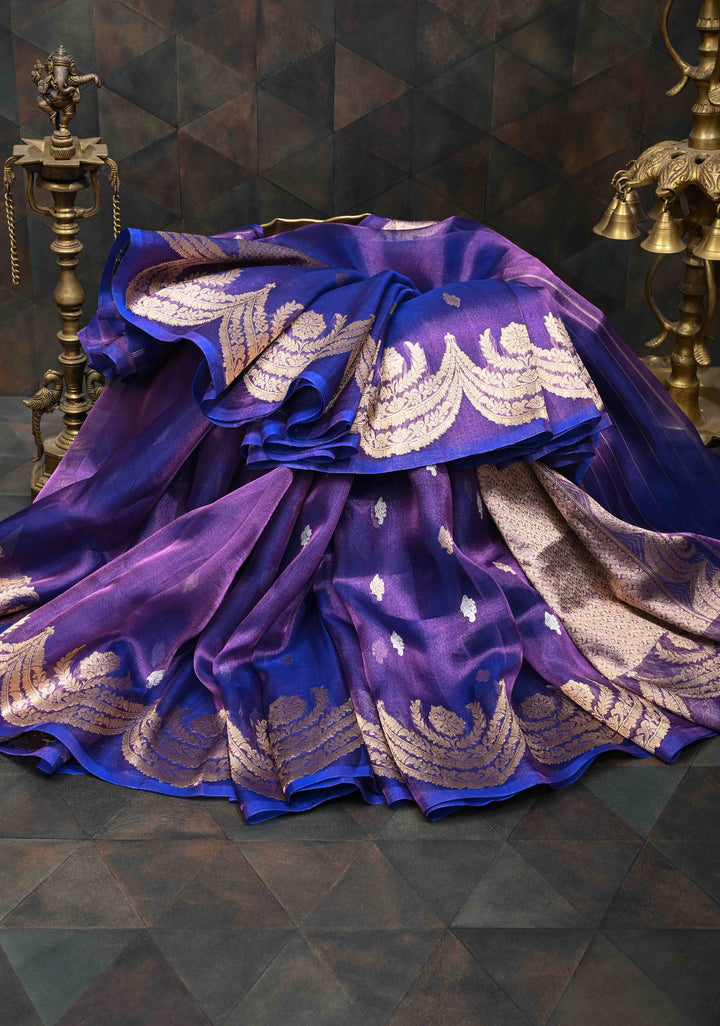 Purple Dual Tone Banarasi Organza Tissue Silk Saree with Sona Rupa Buttas and Scalloped Border | SILK MARK CERTIFIED