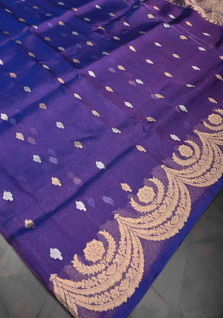 Purple Dual Tone Banarasi Organza Tissue Silk Saree with Sona Rupa Buttas and Scalloped Border | SILK MARK CERTIFIED