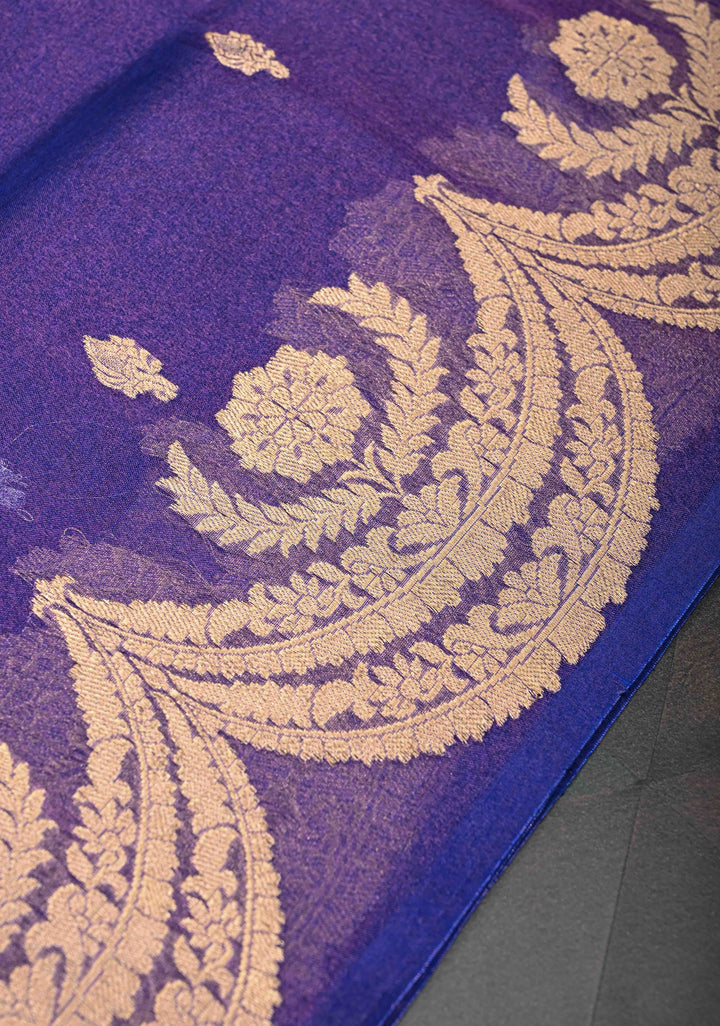 Purple Dual Tone Banarasi Organza Tissue Silk Saree with Sona Rupa Buttas and Scalloped Border | SILK MARK CERTIFIED