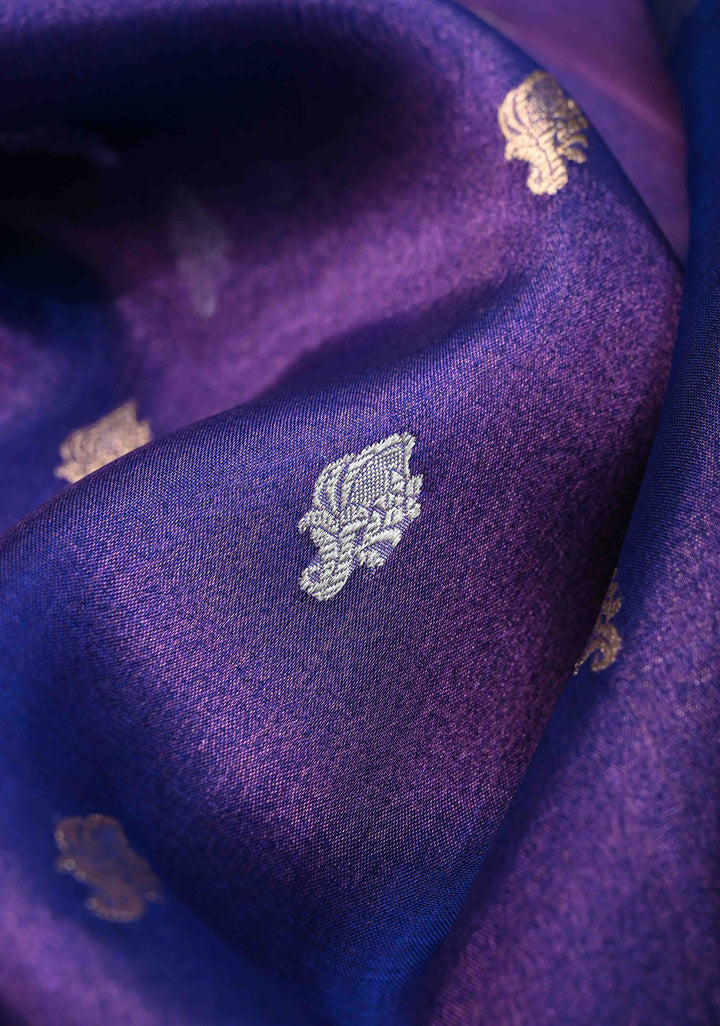 Purple Dual Tone Banarasi Organza Tissue Silk Saree with Sona Rupa Buttas and Scalloped Border | SILK MARK CERTIFIED