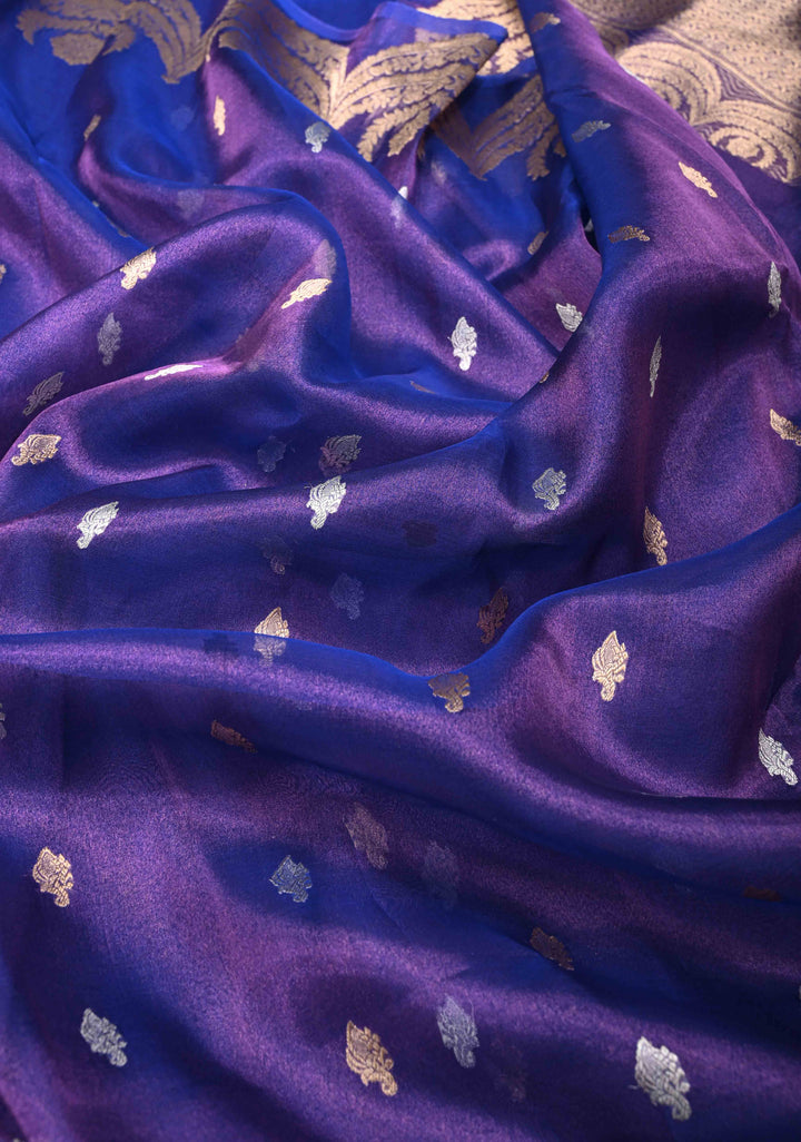 Purple Dual Tone Banarasi Organza Tissue Silk Saree with Sona Rupa Buttas and Scalloped Border | SILK MARK CERTIFIED