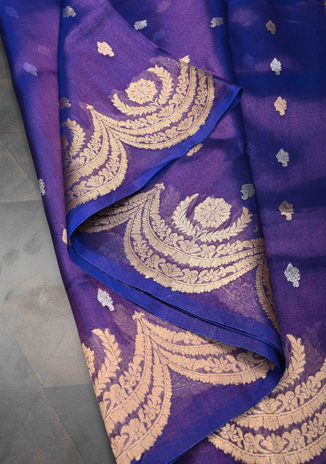 Purple Dual Tone Banarasi Organza Tissue Silk Saree with Sona Rupa Buttas and Scalloped Border | SILK MARK CERTIFIED