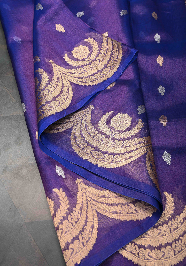 Purple Dual Tone Banarasi Organza Tissue Silk Saree with Sona Rupa Buttas and Scalloped Border | SILK MARK CERTIFIED