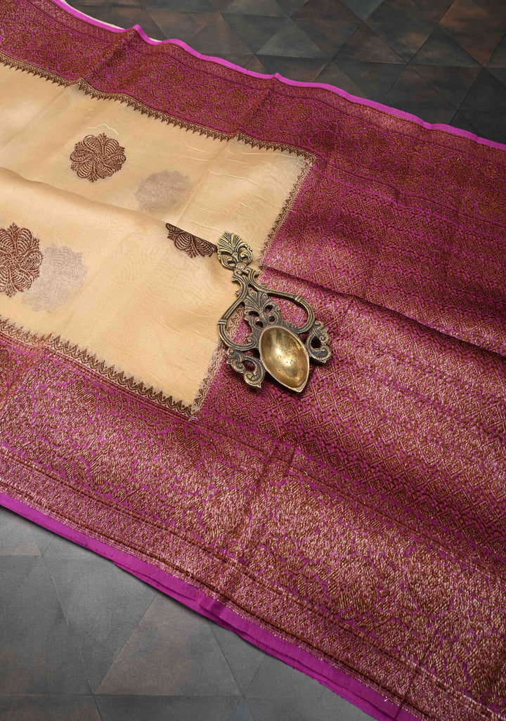 Beige Pure Banarasi Kora Silk Saree with Antique Floral Zari Buttas and Contrast Zari Border | SILK MARK CERTIFIED