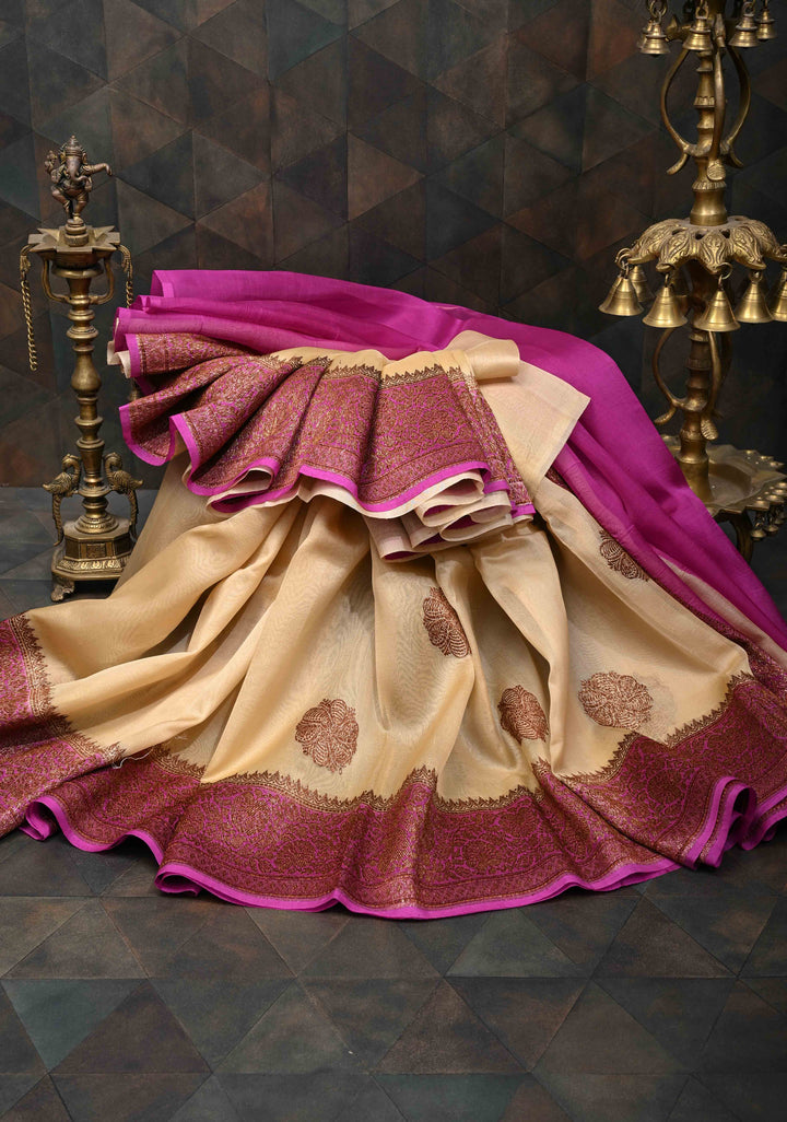 Beige Pure Banarasi Kora Silk Saree with Antique Floral Zari Buttas and Contrast Zari Border | SILK MARK CERTIFIED