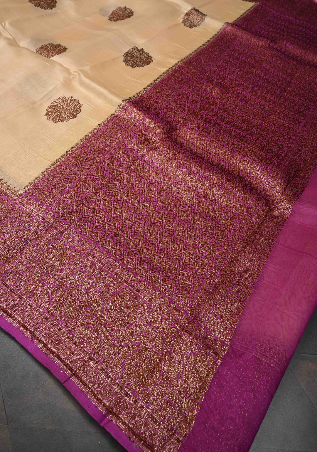 Beige Pure Banarasi Kora Silk Saree with Antique Floral Zari Buttas and Contrast Zari Border | SILK MARK CERTIFIED