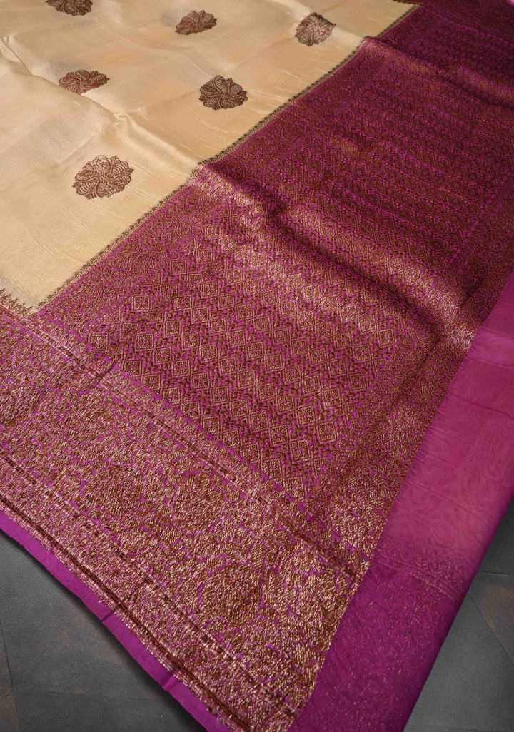 Beige Pure Banarasi Kora Silk Saree with Antique Floral Zari Buttas and Contrast Zari Border | SILK MARK CERTIFIED