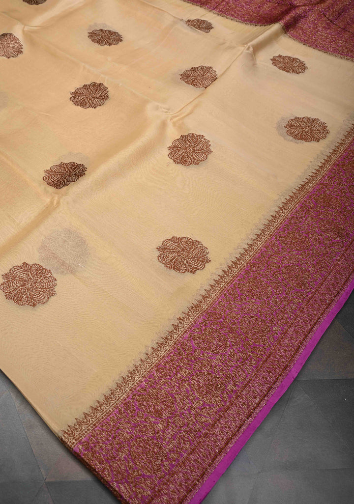 Beige Pure Banarasi Kora Silk Saree with Antique Floral Zari Buttas and Contrast Zari Border | SILK MARK CERTIFIED