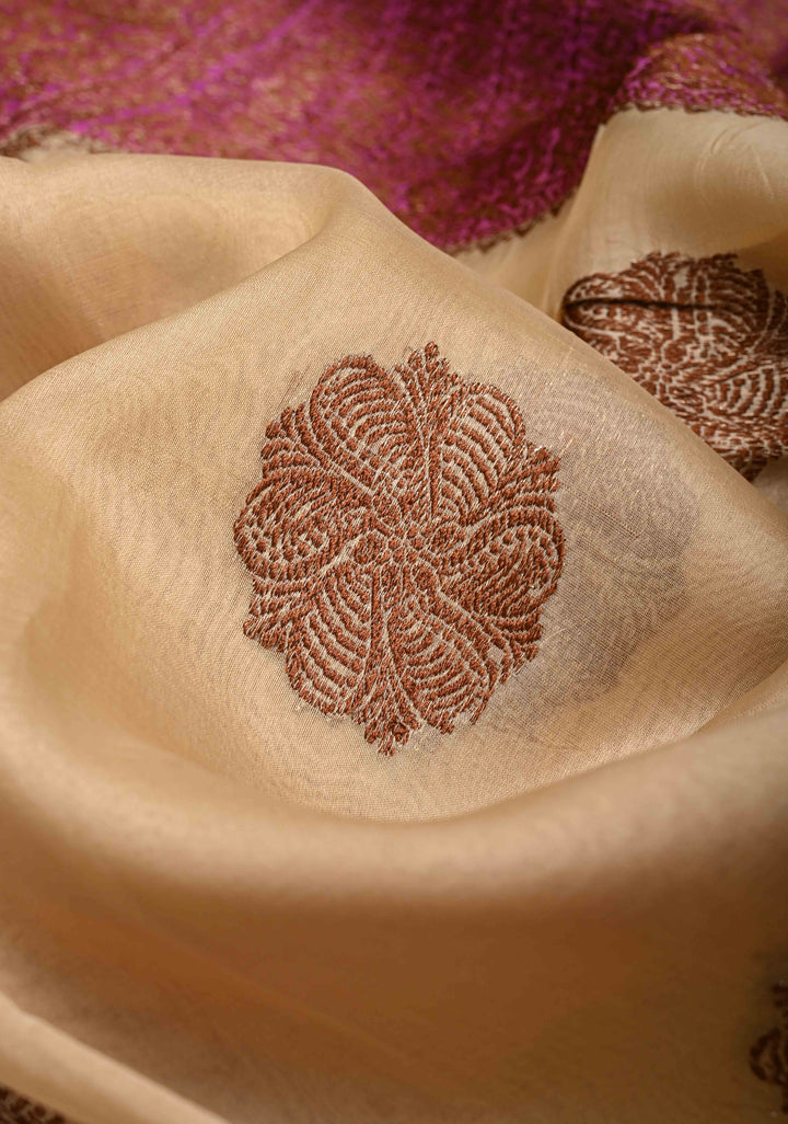 Beige Pure Banarasi Kora Silk Saree with Antique Floral Zari Buttas and Contrast Zari Border | SILK MARK CERTIFIED