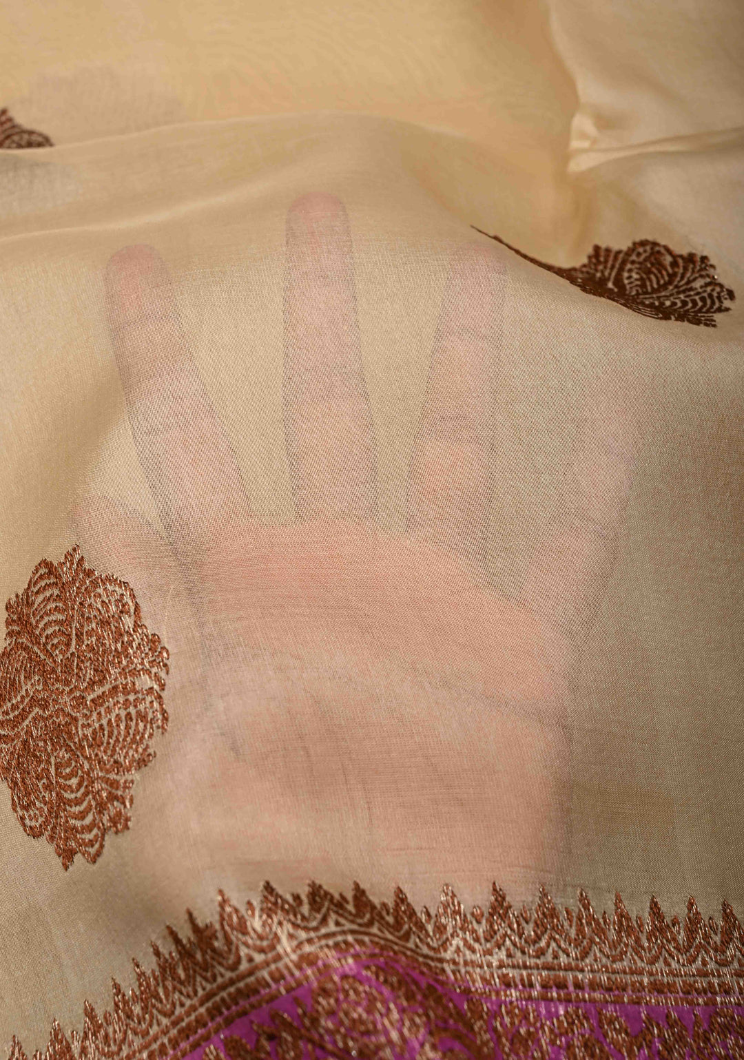Beige Pure Banarasi Kora Silk Saree with Antique Floral Zari Buttas and Contrast Zari Border | SILK MARK CERTIFIED
