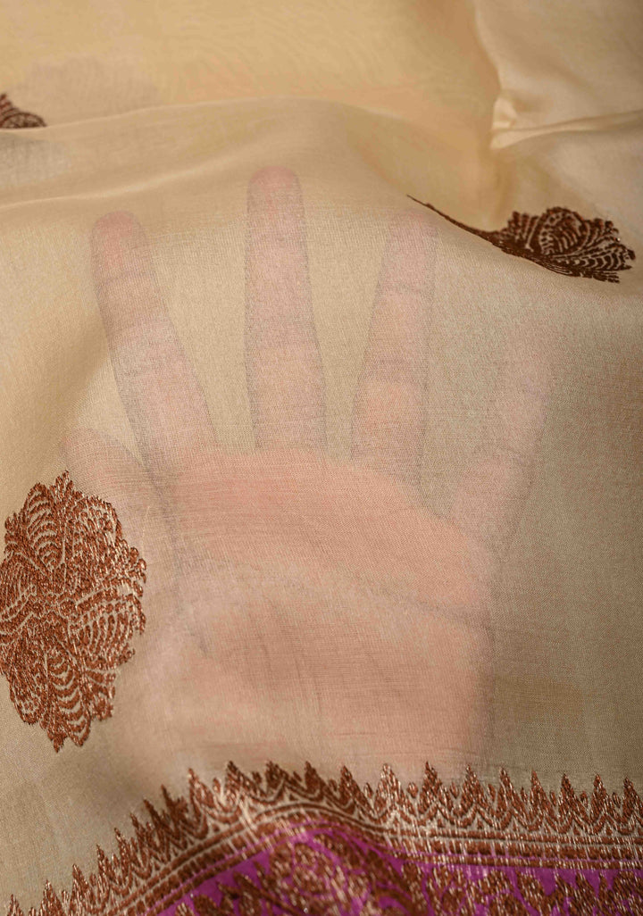Beige Pure Banarasi Kora Silk Saree with Antique Floral Zari Buttas and Contrast Zari Border | SILK MARK CERTIFIED
