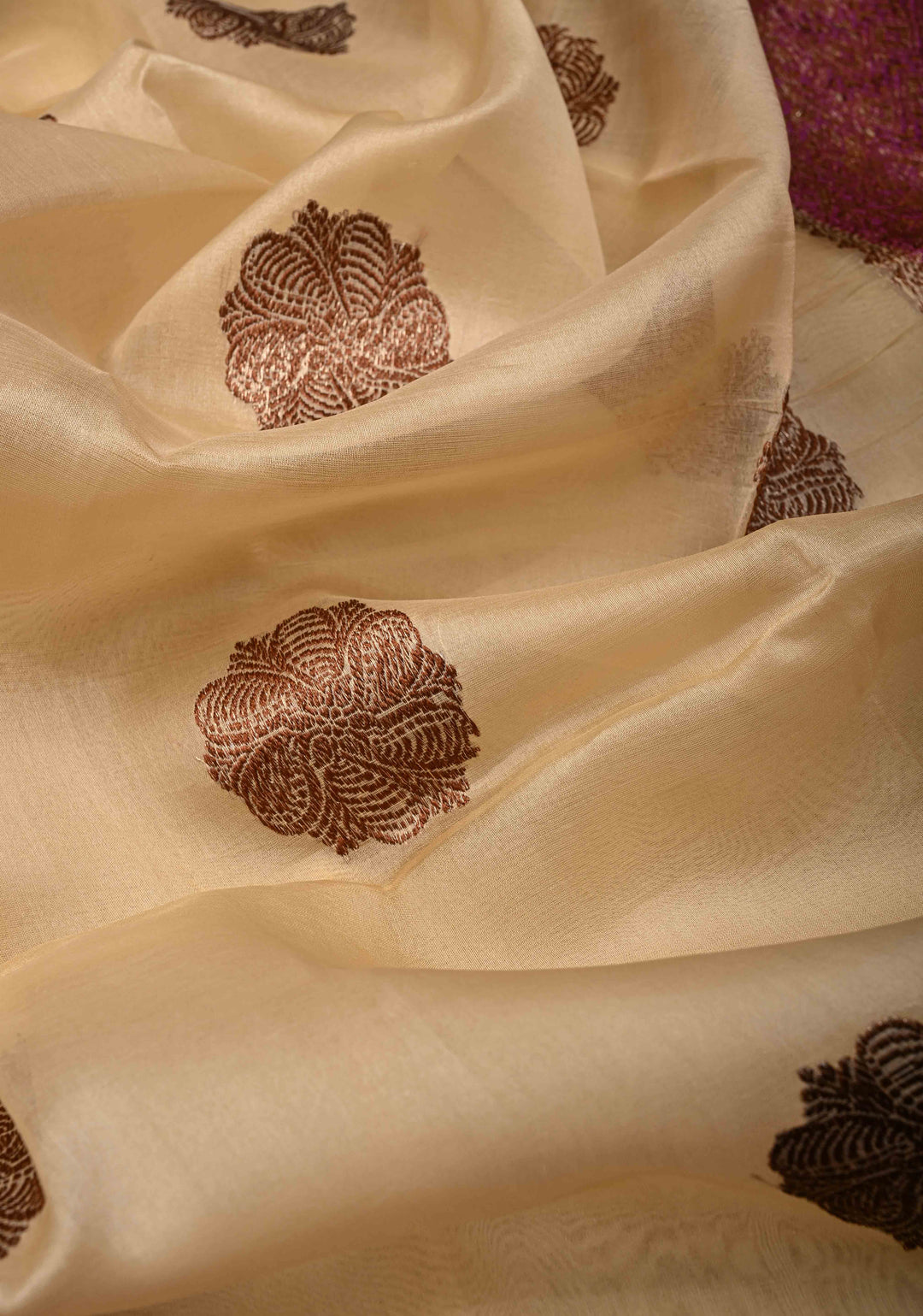 Beige Pure Banarasi Kora Silk Saree with Antique Floral Zari Buttas and Contrast Zari Border | SILK MARK CERTIFIED