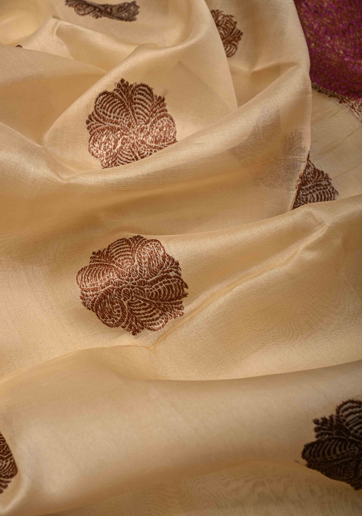 Beige Pure Banarasi Kora Silk Saree with Antique Floral Zari Buttas and Contrast Zari Border | SILK MARK CERTIFIED