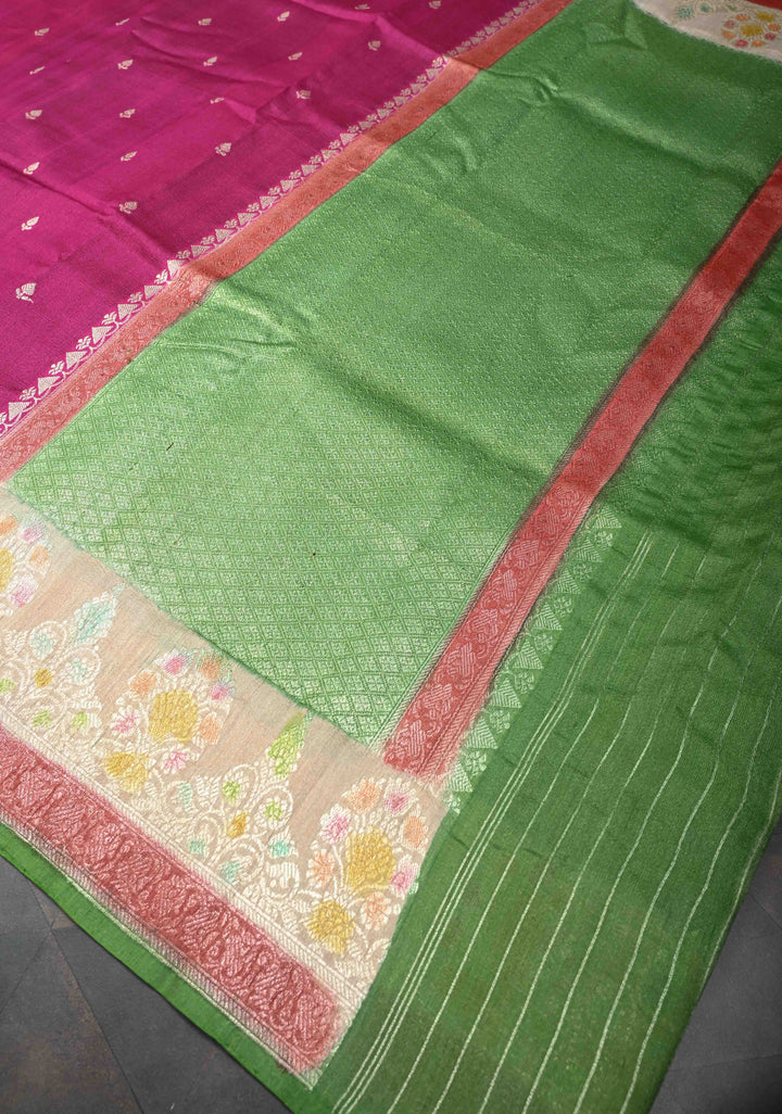 Pink Banarasi Tussar Georgette Saree with Zari Buttas And Hand Brushed Border | SILK MARK CERTIFIED