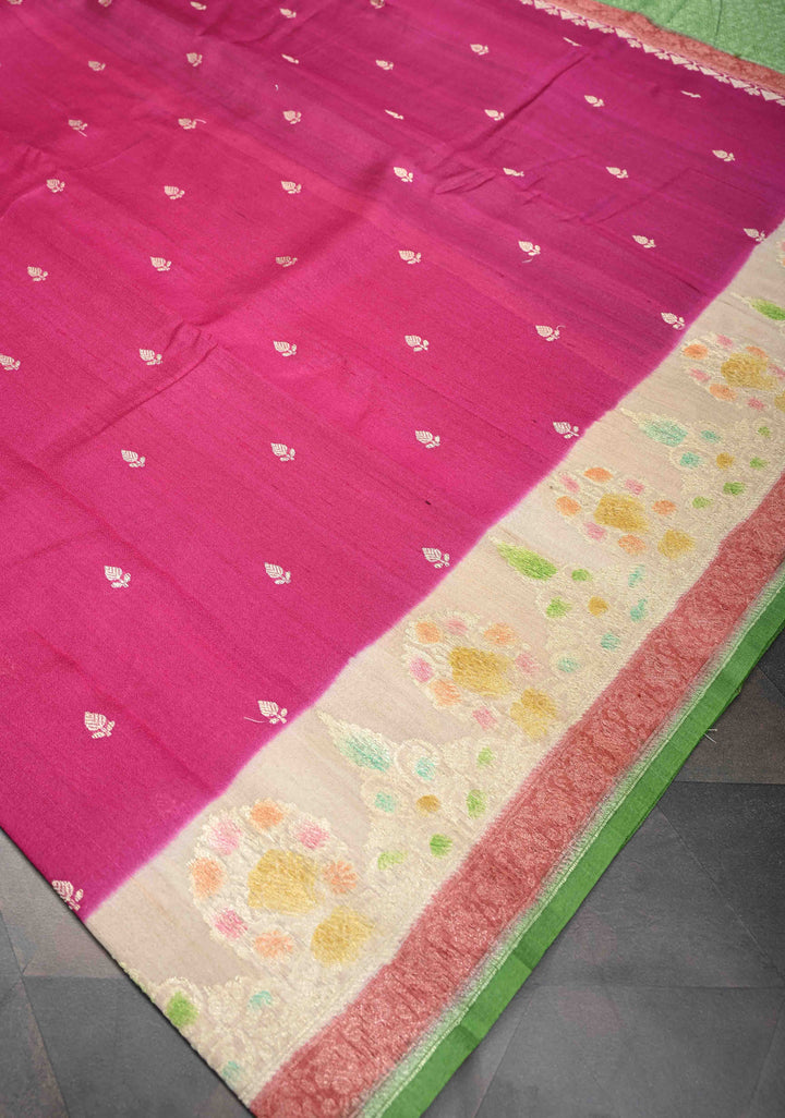Pink Banarasi Tussar Georgette Saree with Zari Buttas And Hand Brushed Border | SILK MARK CERTIFIED