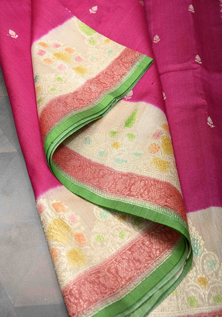Pink Banarasi Tussar Georgette Saree with Zari Buttas And Hand Brushed Border | SILK MARK CERTIFIED