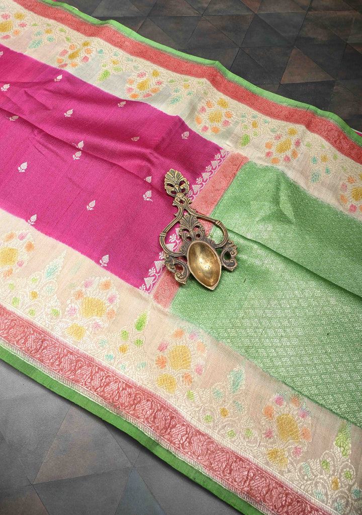 Pink Banarasi Tussar Georgette Saree with Zari Buttas And Hand Brushed Border | SILK MARK CERTIFIED