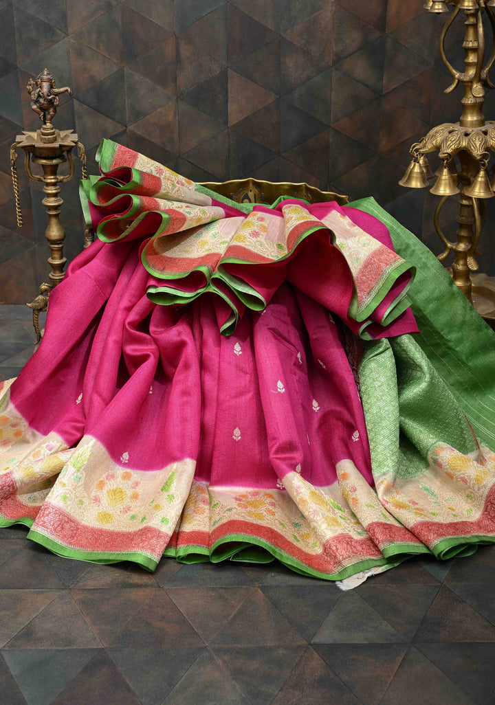 Pink Banarasi Tussar Georgette Saree with Zari Buttas And Hand Brushed Border | SILK MARK CERTIFIED