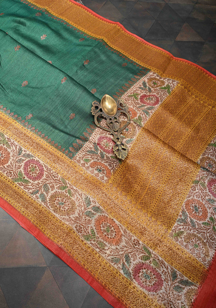 Bottle Green Banarasi Tussar Silk Saree with Antique Zari & Hand Brushed Border | SILK MARK CERTIFIED