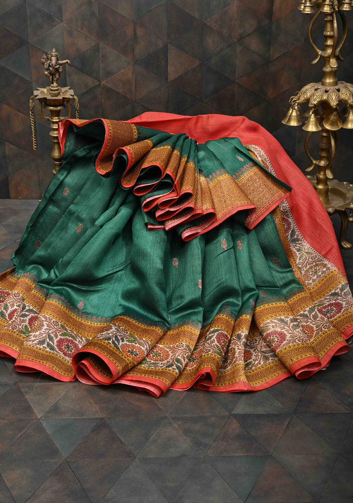 Bottle Green Banarasi Tussar Silk Saree with Antique Zari & Hand Brushed Border | SILK MARK CERTIFIED