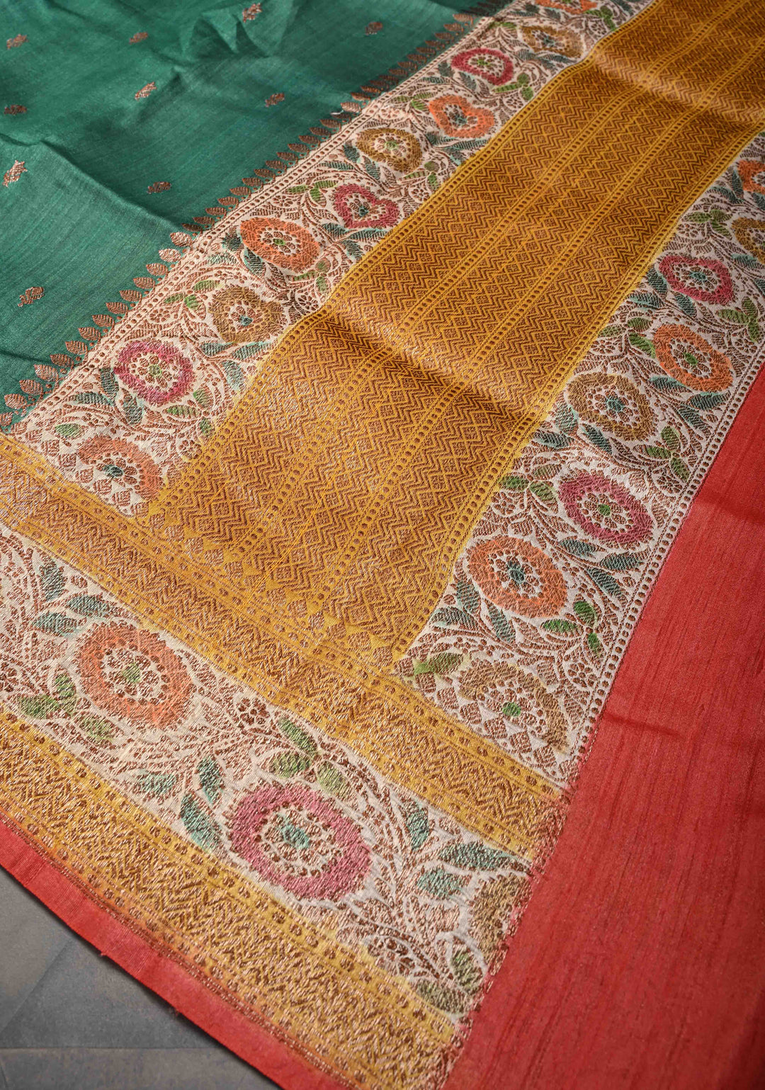 Bottle Green Banarasi Tussar Silk Saree with Antique Zari & Hand Brushed Border | SILK MARK CERTIFIED