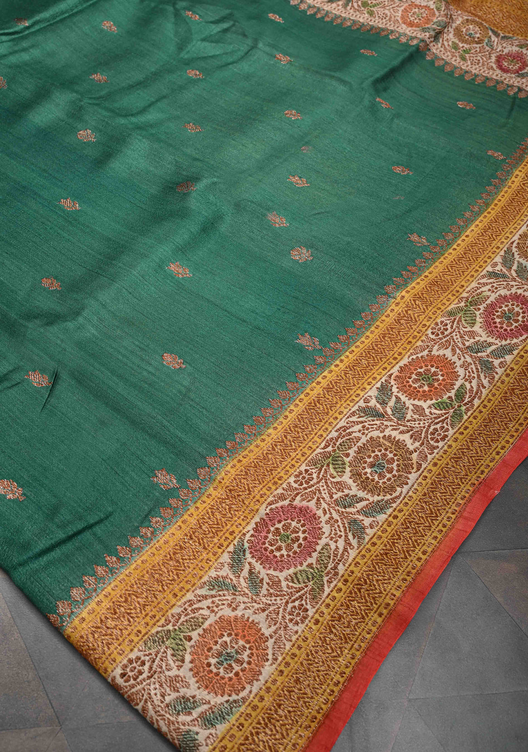 Bottle Green Banarasi Tussar Silk Saree with Antique Zari & Hand Brushed Border | SILK MARK CERTIFIED