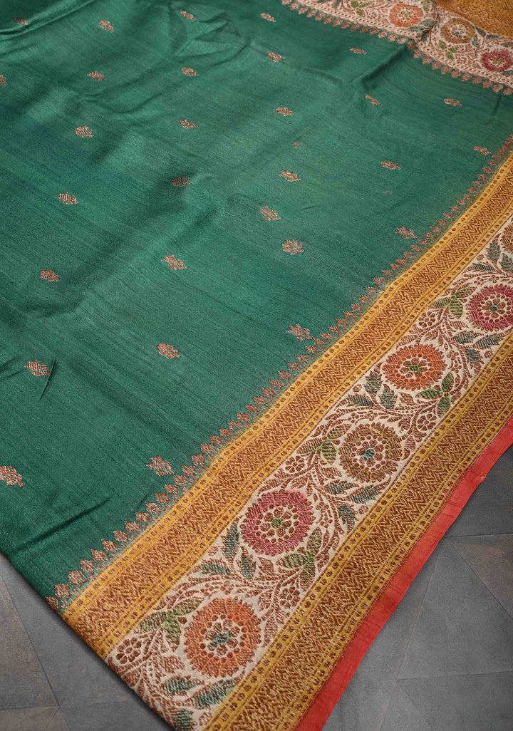 Bottle Green Banarasi Tussar Silk Saree with Antique Zari & Hand Brushed Border | SILK MARK CERTIFIED