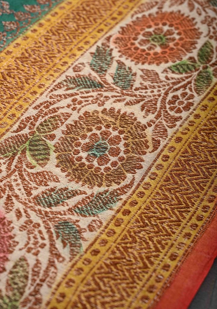 Bottle Green Banarasi Tussar Silk Saree with Antique Zari & Hand Brushed Border | SILK MARK CERTIFIED