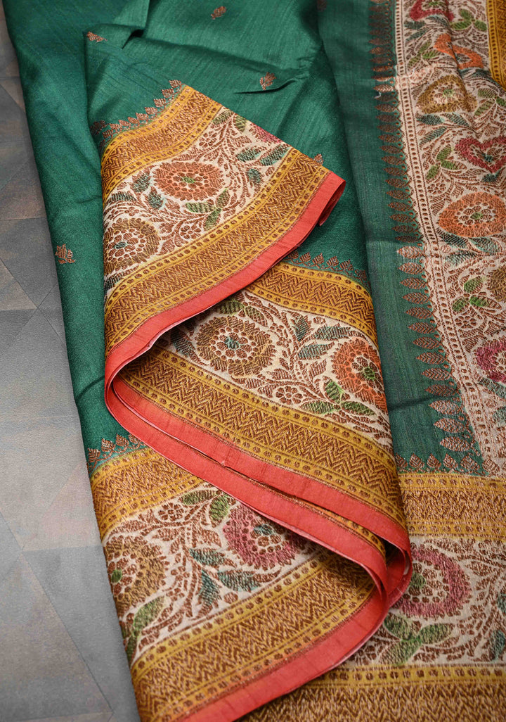Bottle Green Banarasi Tussar Silk Saree with Antique Zari & Hand Brushed Border | SILK MARK CERTIFIED