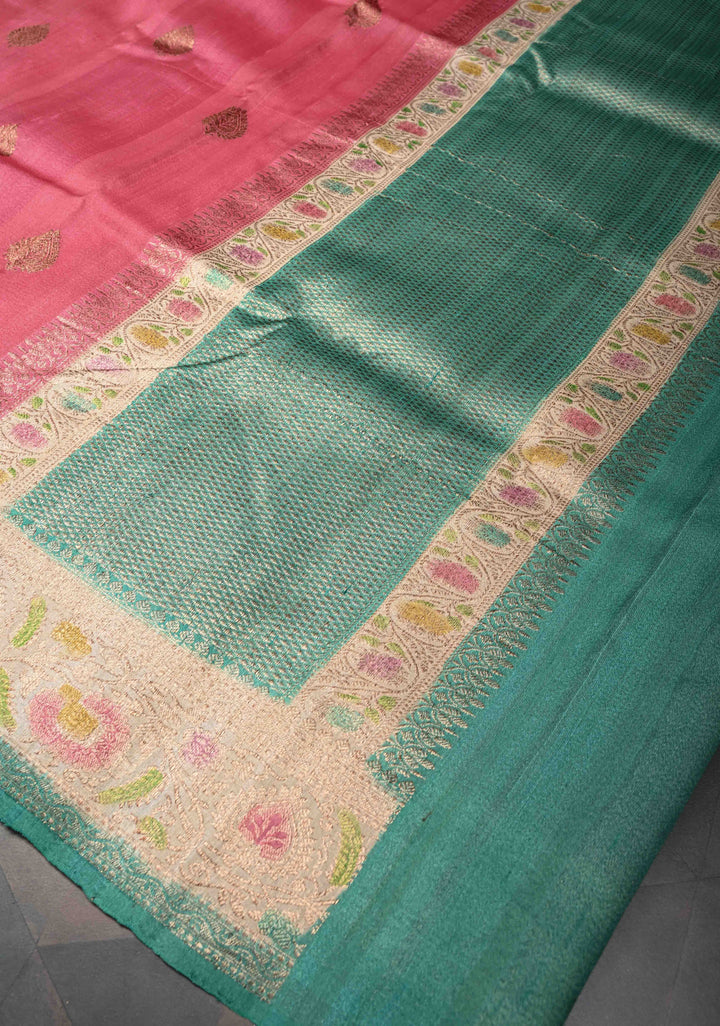 Watermelon Pink Banarasi Tussar Georgette Saree with Zari Buttas And Hand Brushed Border | SILK MARK CERTIFIED