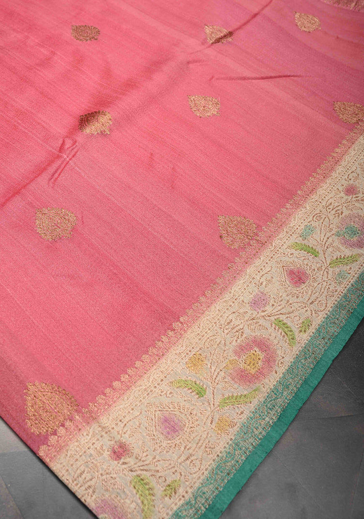 Watermelon Pink Banarasi Tussar Georgette Saree with Zari Buttas And Hand Brushed Border | SILK MARK CERTIFIED