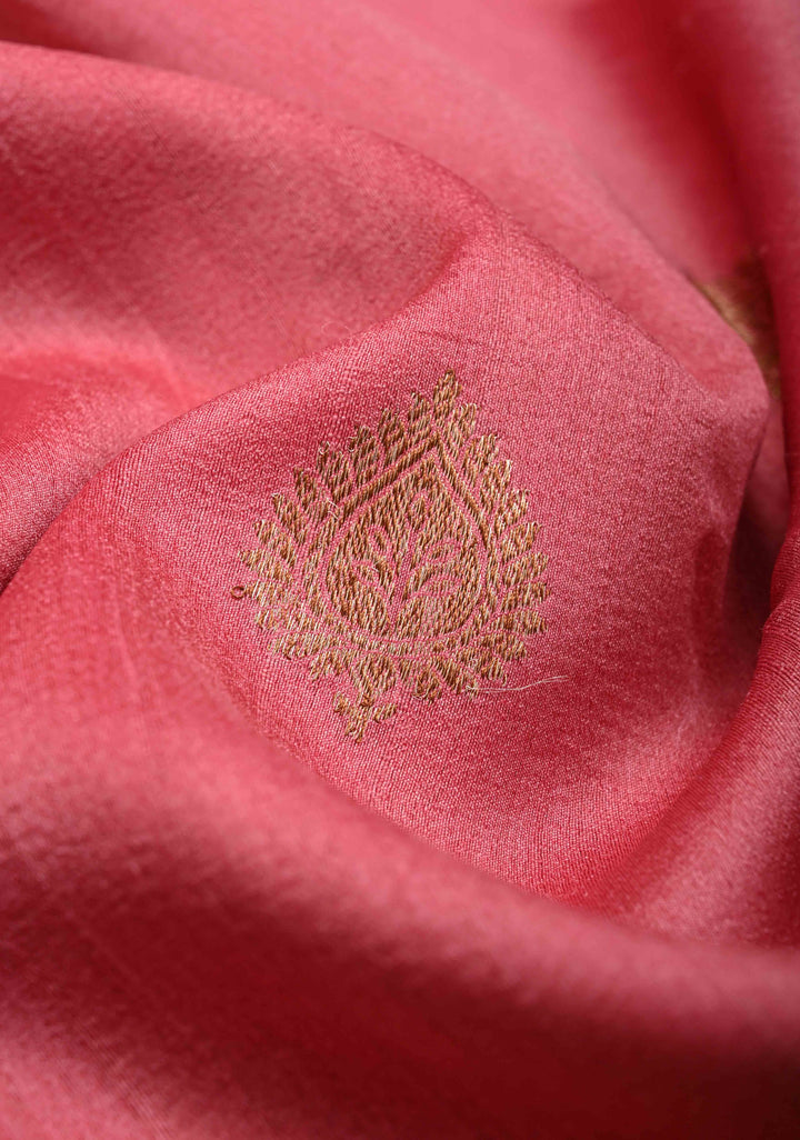 Watermelon Pink Banarasi Tussar Georgette Saree with Zari Buttas And Hand Brushed Border | SILK MARK CERTIFIED