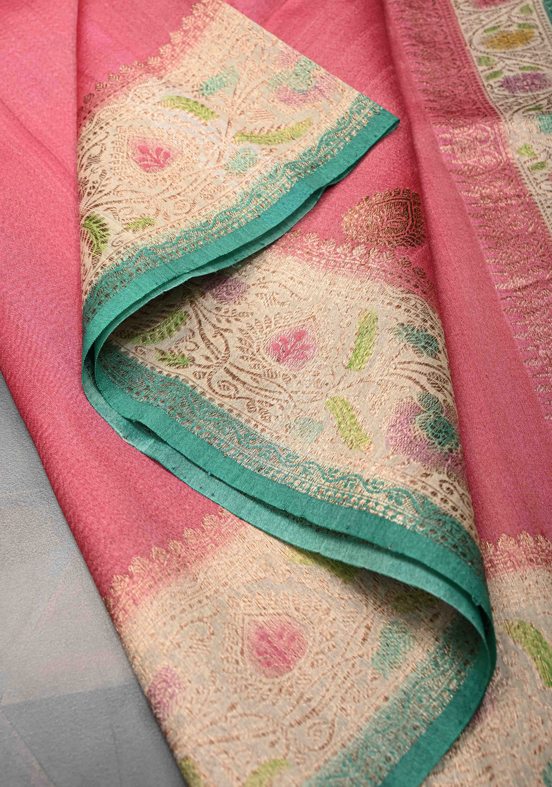 Watermelon Pink Banarasi Tussar Georgette Saree with Zari Buttas And Hand Brushed Border | SILK MARK CERTIFIED