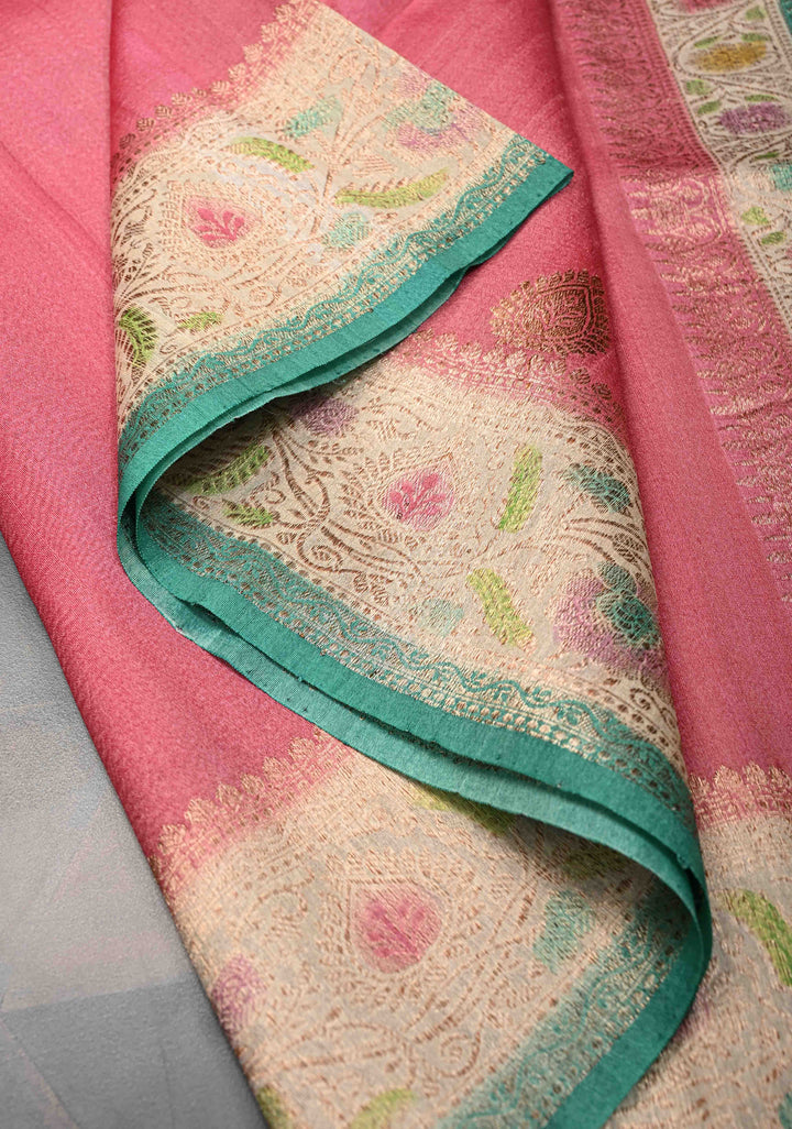 Watermelon Pink Banarasi Tussar Georgette Saree with Zari Buttas And Hand Brushed Border | SILK MARK CERTIFIED