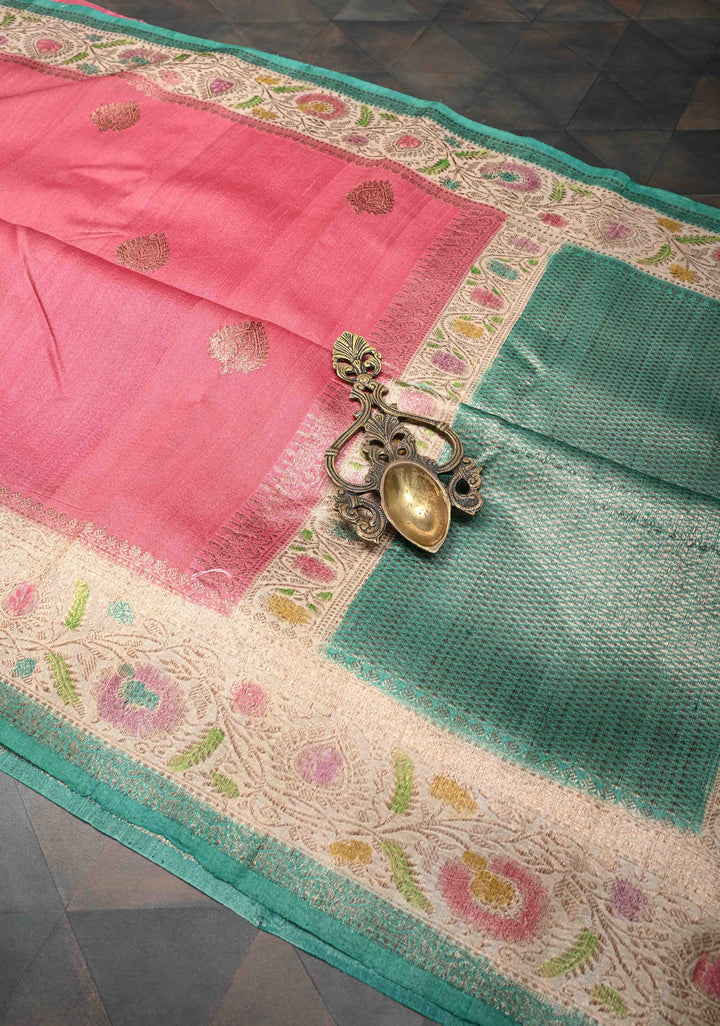 Watermelon Pink Banarasi Tussar Georgette Saree with Zari Buttas And Hand Brushed Border | SILK MARK CERTIFIED