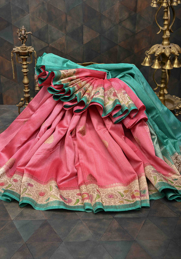Watermelon Pink Banarasi Tussar Georgette Saree with Zari Buttas And Hand Brushed Border | SILK MARK CERTIFIED