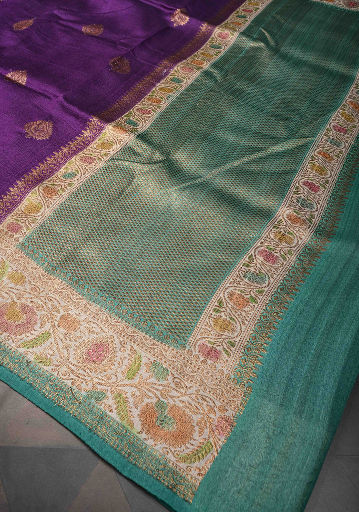 Eggplant Purple Banarasi Tussar Georgette Saree with Antique Zari & Hand Brushed Border | SILK MARK CERTIFIED