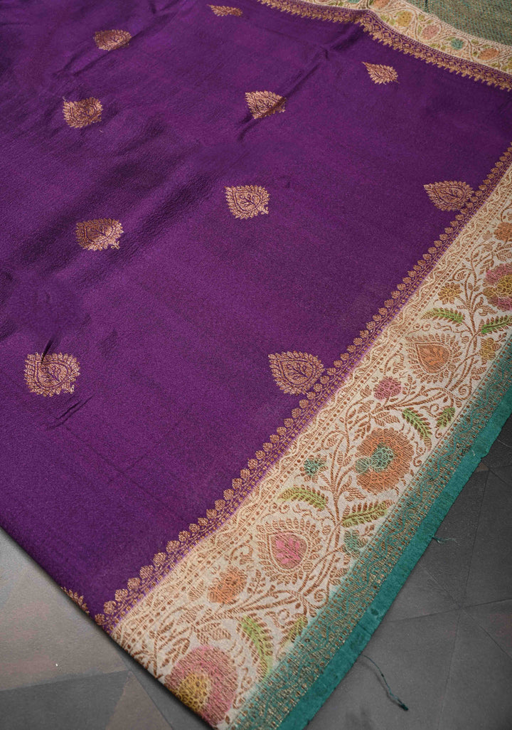 Eggplant Purple Banarasi Tussar Georgette Saree with Antique Zari & Hand Brushed Border | SILK MARK CERTIFIED