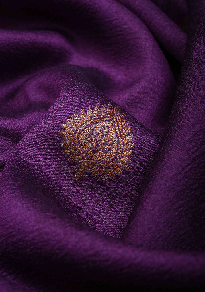 Eggplant Purple Banarasi Tussar Georgette Saree with Antique Zari & Hand Brushed Border | SILK MARK CERTIFIED