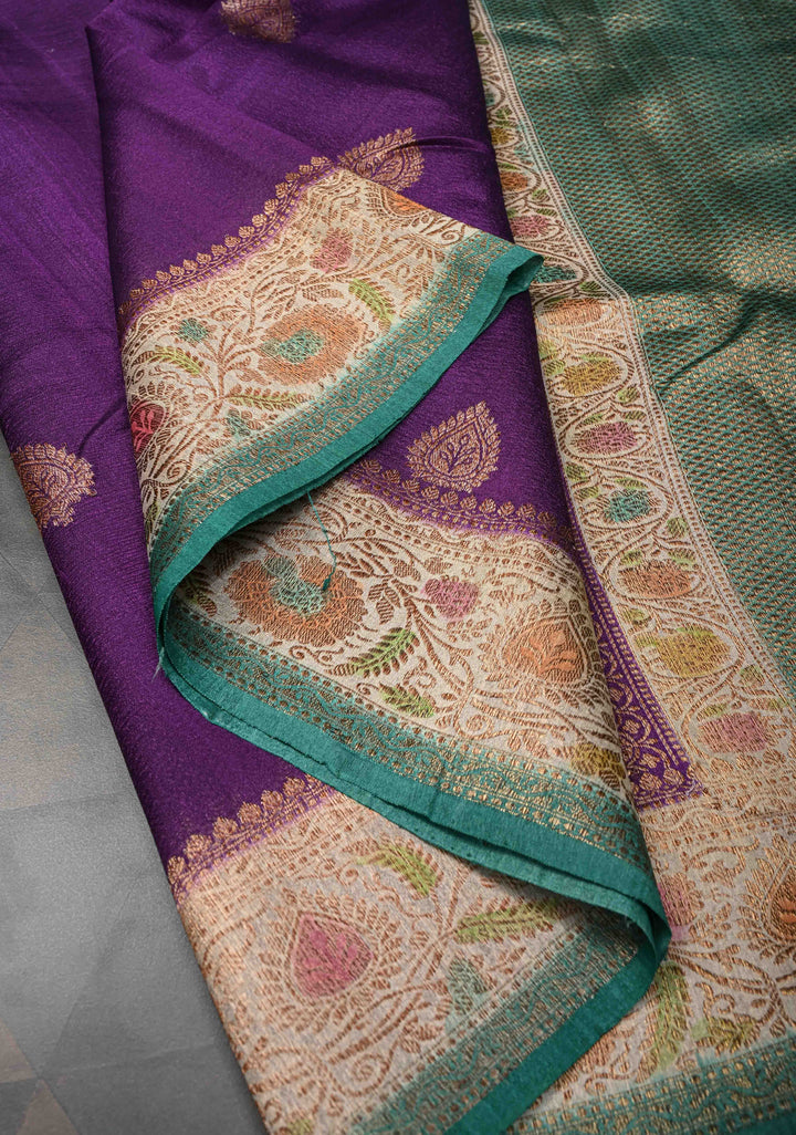 Eggplant Purple Banarasi Tussar Georgette Saree with Antique Zari & Hand Brushed Border | SILK MARK CERTIFIED