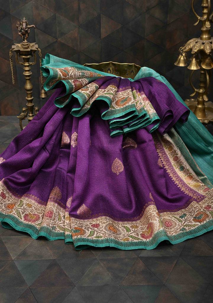 Eggplant Purple Banarasi Tussar Georgette Saree with Antique Zari & Hand Brushed Border | SILK MARK CERTIFIED
