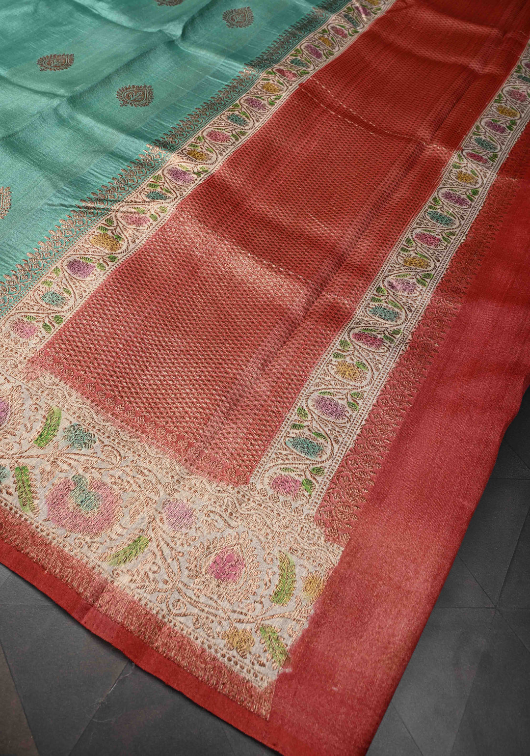 Viridian Green Banarasi Tussar Georgette Saree with Zari Buttas and Contrast Hand Brushed Border | SILK MARK CERTIFIED