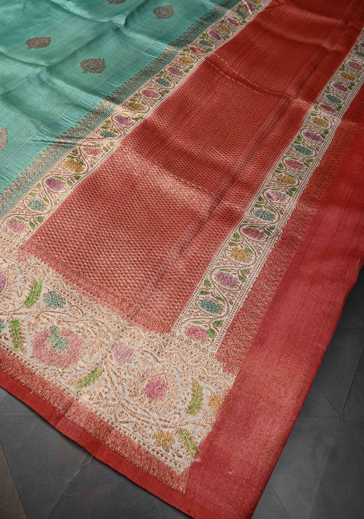 Viridian Green Banarasi Tussar Georgette Saree with Zari Buttas and Contrast Hand Brushed Border | SILK MARK CERTIFIED