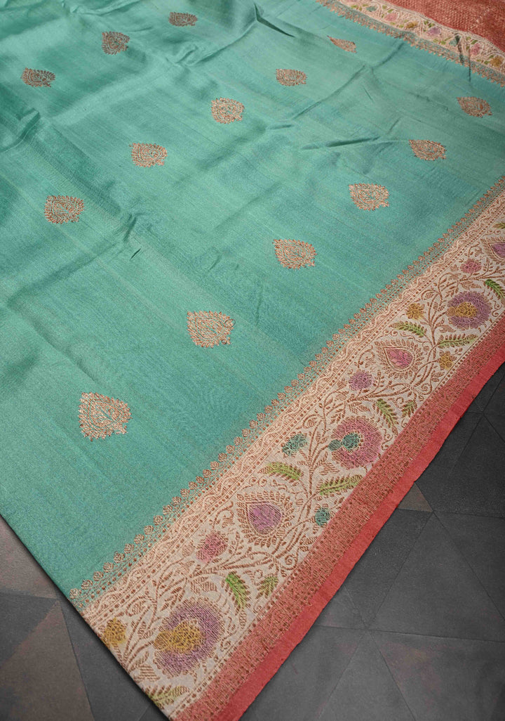 Viridian Green Banarasi Tussar Georgette Saree with Zari Buttas and Contrast Hand Brushed Border | SILK MARK CERTIFIED