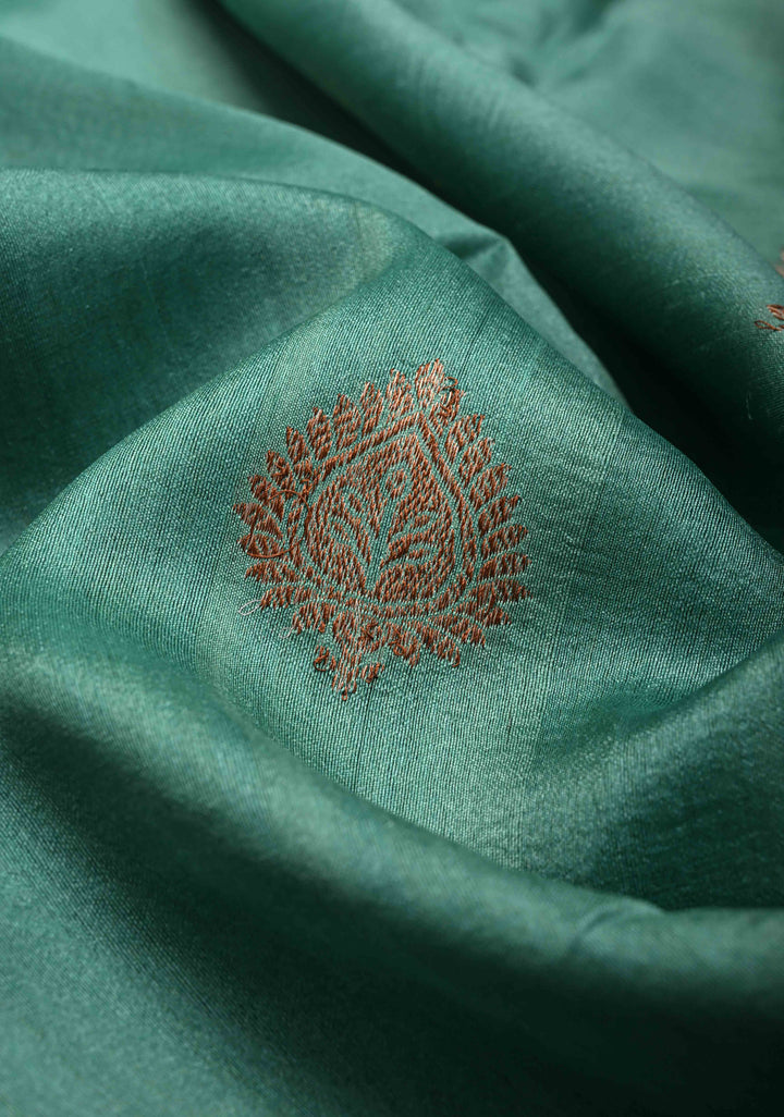 Viridian Green Banarasi Tussar Georgette Saree with Zari Buttas and Contrast Hand Brushed Border | SILK MARK CERTIFIED