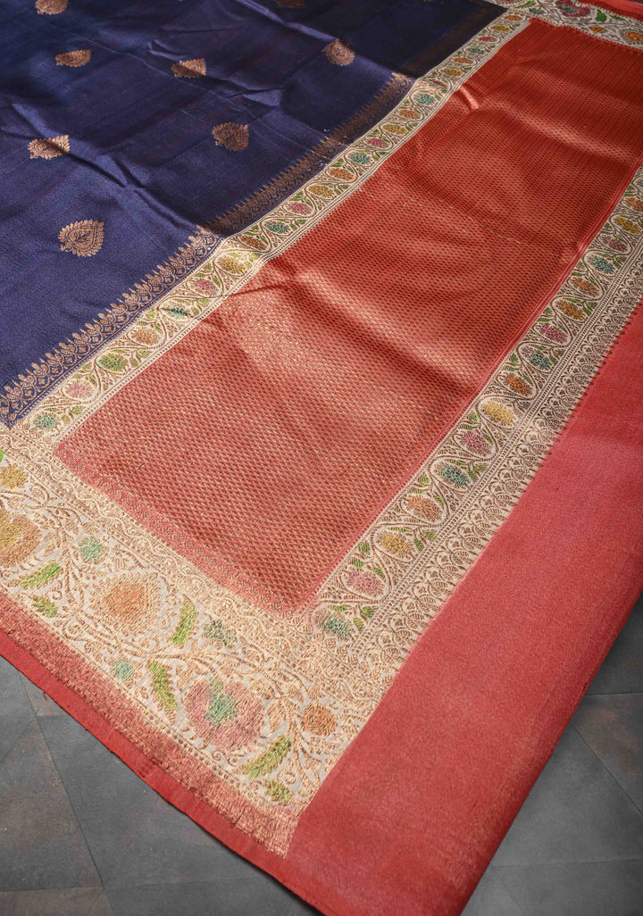 Dark Navy Blue  Banarasi Tussar Georgette Saree with Antique Zari & Hand Brushed Border | SILK MARK CERTIFIED