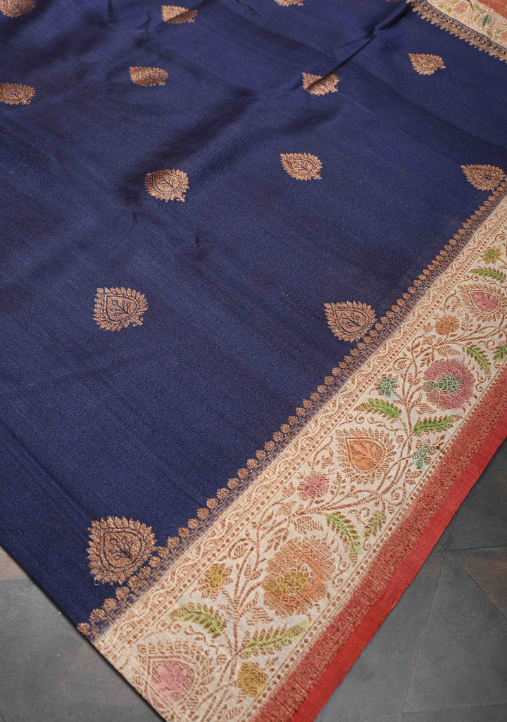 Dark Navy Blue  Banarasi Tussar Georgette Saree with Antique Zari & Hand Brushed Border | SILK MARK CERTIFIED